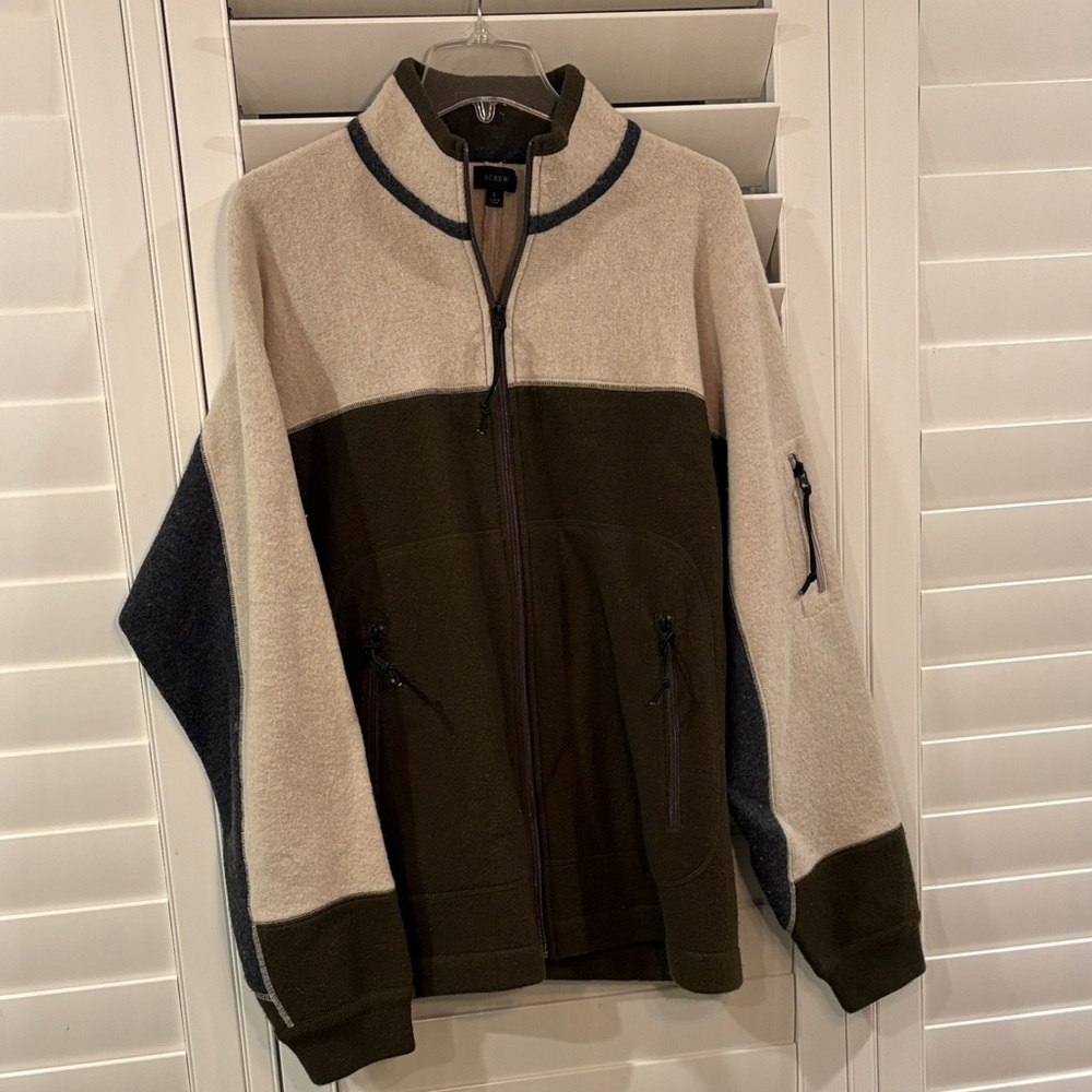 J. Crew Men's Zip-Up 100% Wool -Full zip jacket in Cream and Brown
